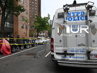 The NYPD crime scene unit is at the scene. A 29-year-old male is being fatally stabbed in Manhattan, New York, United States, on May 26, 202...