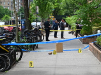 Evidence markers are highlighting evidence found at the crime scene. A 29-year-old male is being fatally stabbed in Manhattan, New York, Uni...