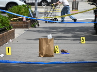 Evidence markers are highlighting evidence found at the crime scene. A 29-year-old male is being fatally stabbed in Manhattan, New York, Uni...