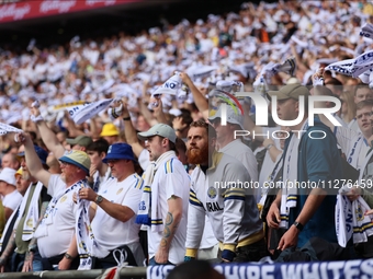 Leeds fans are looking pensive during the SkyBet Championship Playoff Final between Leeds United and Southampton at Wembley Stadium in Londo...