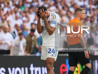 Georginio Rutter (Leeds United) is arguing with the assistant referee during the SkyBet Championship Playoff Final between Leeds United and...