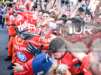 Charles Leclerc is celebrating the GP Monaco with the Scuderia Ferrari team in Monte-Carlo, Monaco, on May 26, 2024, during the FIA Formula...