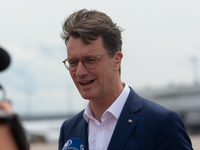 Hendrik Wuest, prime minister of NRW, is arriving at Cologne & Bonn Airport before the Bayer 04 Leverkusen team arrives in Cologne, Germany,...