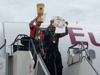 The team of Bayer 04 Leverkusen is arriving at Cologne & Bonn Airport in Cologne, Germany, on May 26, 2024, as Bayer 04 Leverkusen is winnin...