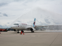 The Eurowings aircraft with the team of Bayer 04 Leverkusen is landing at Cologne & Bonn Airport in Cologne, Germany, on May 26, 2024, as th...
