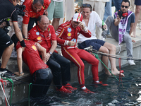 Frederic Vasseur and Charles Leclerc of Ferrari celebrate after Grand Prix of Monaco at Circuit de Monaco in Monaco on May 26, 2023. (