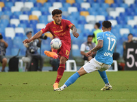Valentin Gendrey of US Lecce competes for the ball with Mathias Olivera of SSC Napoli during the Serie A TIM match between SSC Napoli and US...