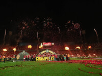 Al-Ahly club players are celebrating the cup on the podium at Cairo International Stadium on May 25, 2024, in Cairo, Egypt. (