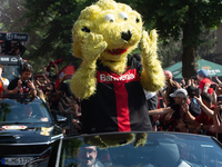 Brian the Lion, the Bayer Leverkusen mascot, is greeting the fans as the Bayer 04 Leverkusen team is arriving with an open bus to celebrate...