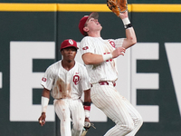 Jackson Nicklaus #15 of Oklahoma is catching the ball during the 2024 Big 12 Baseball Championship game between the Oklahoma State Universit...