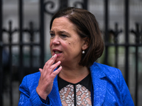 DUBLIN, IRELAND - MAY 22: 
President of Sinn Fein, Mary Lou McDonald, pictured at the entrance to Leinster House, on May 22, 2024, in ublin...