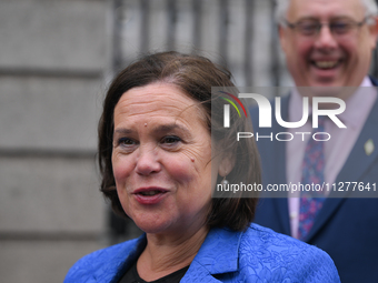 DUBLIN, IRELAND - MAY 22: 
President of Sinn Fein, Mary Lou McDonald, pictured at the entrance to Leinster House, on May 22, 2024, in ublin...