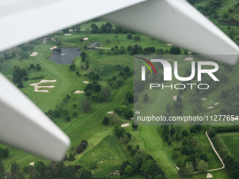 DUBLIN, IRELAND - MAY 22: 
Scenic glimpse of a golf course near Dublin Airport, captured from a Ryanair aircraft, on May 22, 2024, in Dublin...