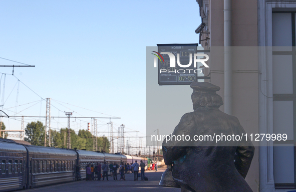 The monument to Father Fyodor, a character from The Twelve Chairs novel by Soviet authors Ilf and Petrov, is being pictured on the platform...