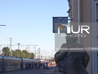 The monument to Father Fyodor, a character from The Twelve Chairs novel by Soviet authors Ilf and Petrov, is being pictured on the platform...