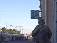 The monument to Father Fyodor, a character from The Twelve Chairs novel by Soviet authors Ilf and Petrov, is being pictured on the platform...