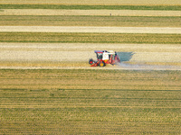 A harvest of wheat is being seen on a vast field in Lianyungang, China, on May 27, 2024. (