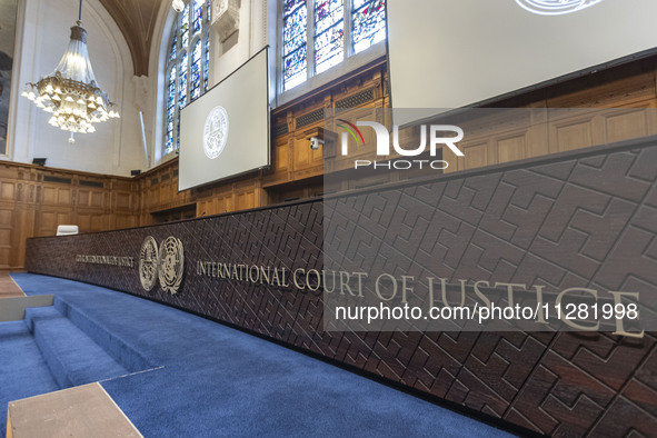 The International Court of Justice logo and inscription are appearing in the courtroom. The UN top court, the International Court of Justice...