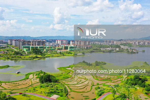 The Shuangguihu Lake National Wetland Park is being seen under the blue sky and white clouds in Chongqing, China, on May 27, 2024. Recently,...