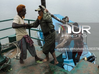 An injured pregnant deer is being transported by forest department officials as it is floated at the western outskirts of Sunderban amidst C...