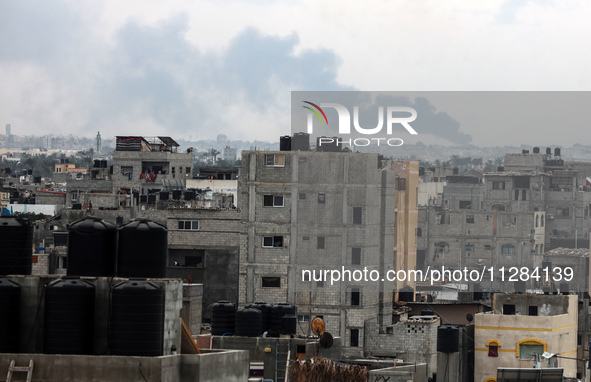 Smoke is billowing following Israeli bombardment in Rafah, in the southern Gaza Strip, on May 28, 2024, amid the ongoing conflict between Is...