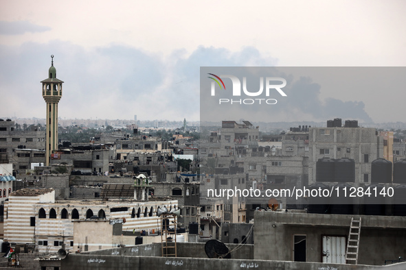 Smoke is billowing following Israeli bombardment in Rafah, in the southern Gaza Strip, on May 28, 2024, amid the ongoing conflict between Is...