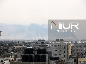 Smoke is billowing following Israeli bombardment in Rafah, in the southern Gaza Strip, on May 28, 2024, amid the ongoing conflict between Is...