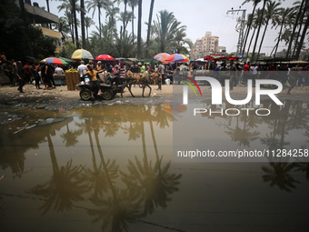 Displaced Palestinians are walking near sewage water in Deir el-Balah in the central Gaza Strip on May 28, 2024, amid the ongoing conflict b...