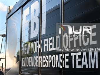 An FBI truck is seen. FBI vehicles are parked in front of a business for an unknown reason in Elmwood Park, New Jersey, United States, on Ma...