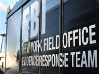 An FBI truck is seen. FBI vehicles are parked in front of a business for an unknown reason in Elmwood Park, New Jersey, United States, on Ma...