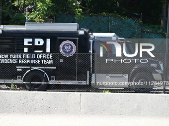 An FBI truck is seen. FBI vehicles are parked in front of a business for an unknown reason in Elmwood Park, New Jersey, United States, on Ma...