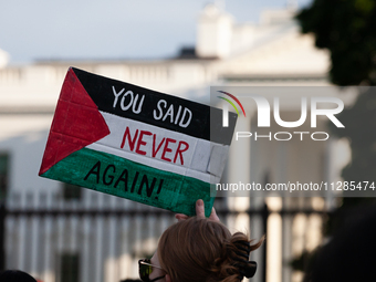 A demonstrator displays a sign that says ''Never Again'' in front of the White House during a protest against Israeli attacks on civilians i...