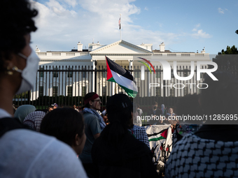 A Palestinian flag is displayed in front of the White House during a protest against the Israeli attacks on civilians in Rafah that have kil...