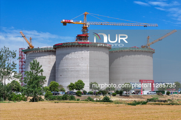 Workers are working at the construction site of a grain storage project of the Yandu branch of the Central Grain Reserve Yancheng Direct War...