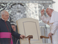 Pope Francis is gesturing during the weekly general audience in The Vatican, on May 29, 2024, at St Peter's Square. (