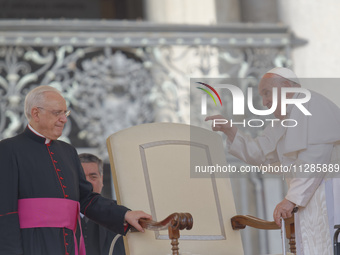 Pope Francis is gesturing during the weekly general audience in The Vatican, on May 29, 2024, at St Peter's Square. (