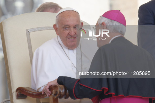 Pope Francis is meeting with Bishops during the weekly general audience in St. Peter's Square at the Vatican, on May 29, 2024. 