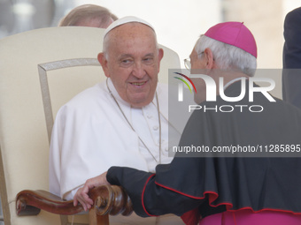 Pope Francis is meeting with Bishops during the weekly general audience in St. Peter's Square at the Vatican, on May 29, 2024. (