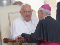 Pope Francis is meeting with Bishops during the weekly general audience in St. Peter's Square at the Vatican, on May 29, 2024. (