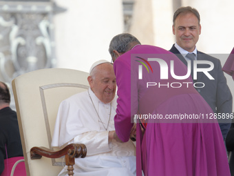 Pope Francis is leading his Wednesday general audience in St Peter's Square at the Vatican, on May 29, 2024. (