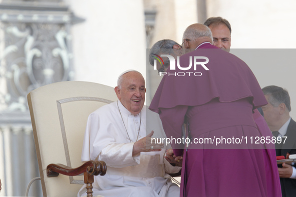 Pope Francis is leading his Wednesday general audience in St Peter's Square at the Vatican, on May 29, 2024. 