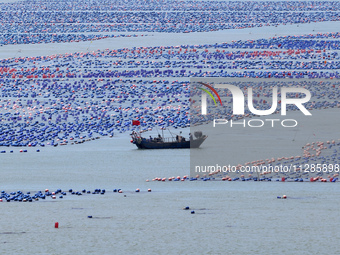 Fishermen are driving a breeding boat to carry out ecological farming work on the sea surface at a Marine ranch in Dinghai Bay in Fuzhou, Fu...