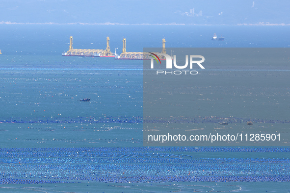 Fishermen are driving a breeding boat to carry out ecological farming work on the sea surface at a Marine ranch in Dinghai Bay in Fuzhou, Fu...