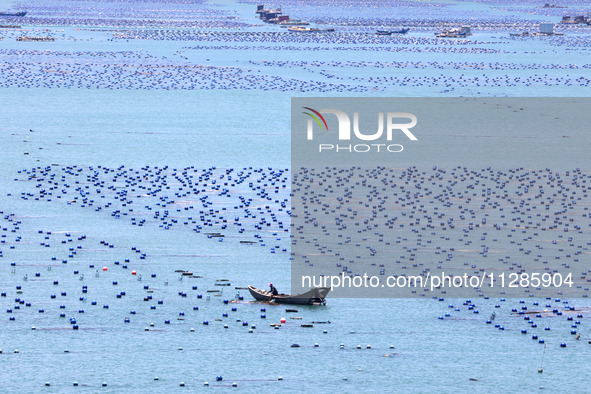 Fishermen are driving a breeding boat to carry out ecological farming work on the sea surface at a Marine ranch in Dinghai Bay in Fuzhou, Fu...