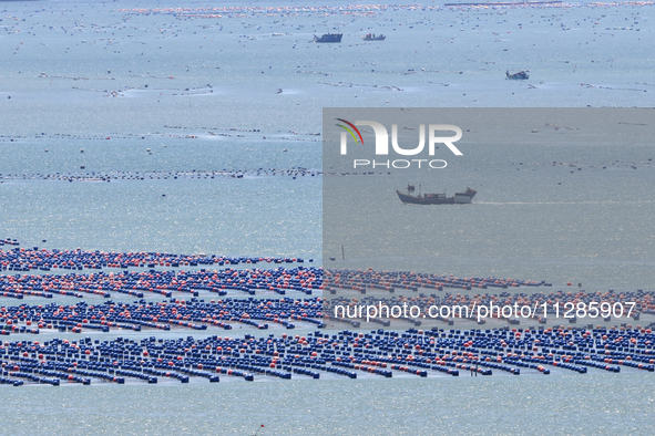 Fishermen are driving a breeding boat to carry out ecological farming work on the sea surface at a Marine ranch in Dinghai Bay in Fuzhou, Fu...