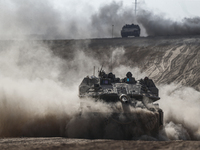 Mobility Of Tanks, Armored Personnel Carriers, Trucks And Military Jeeps Belonging To The Israeli Army Continues On The Border Line Near The...