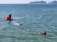 Rescuers are conducting a training to rescue drowning at sea in Yantai, China, on May 29, 2024. (