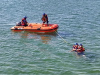 Rescuers are conducting a training to rescue drowning at sea in Yantai, China, on May 29, 2024. (