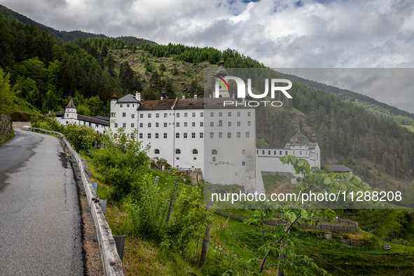 A general view of the Benedictine Abbey of Monte Maria (Marienberg Abbey) in Val Venosta valley, near Bolzano, Italy, on May 23, 2024. It ha...