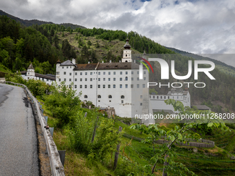 A general view of the Benedictine Abbey of Monte Maria (Marienberg Abbey) in Val Venosta valley, near Bolzano, Italy, on May 23, 2024. It ha...